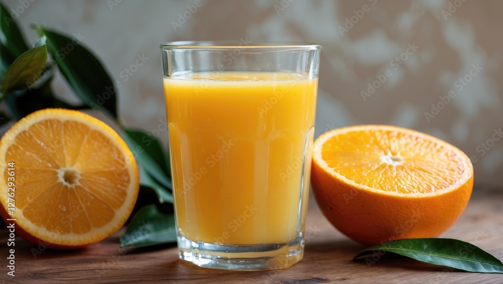 Freshly squeezed orange juice in a glass with whole oranges and green leaves on a wooden surface Freshly squeezed orange juice in a glass with whole oranges and green leaves on a wooden surface