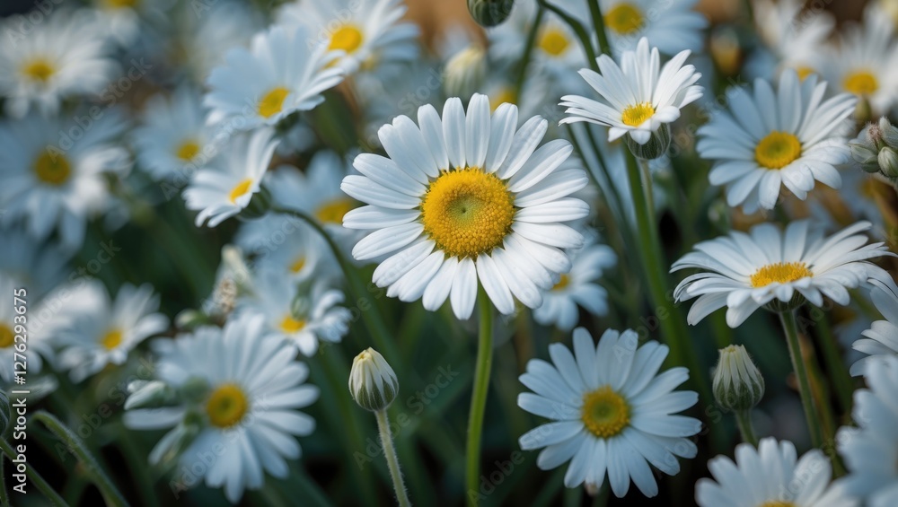 Fototapeta premium Close-up of vibrant white daisies with yellow centers in a lush green garden field during daylight.
