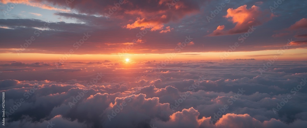Sunset over a sea of clouds with vibrant orange and pink hues illuminating the sky at twilight in a serene atmosphere Sunset over a sea of clouds with vibrant orange and pink hues illuminating the sky at twilight in a serene atmosphere
