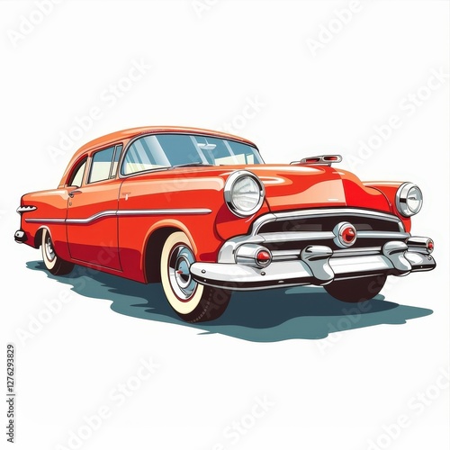 A vintage red car with chrome trim and a chrome hubcap