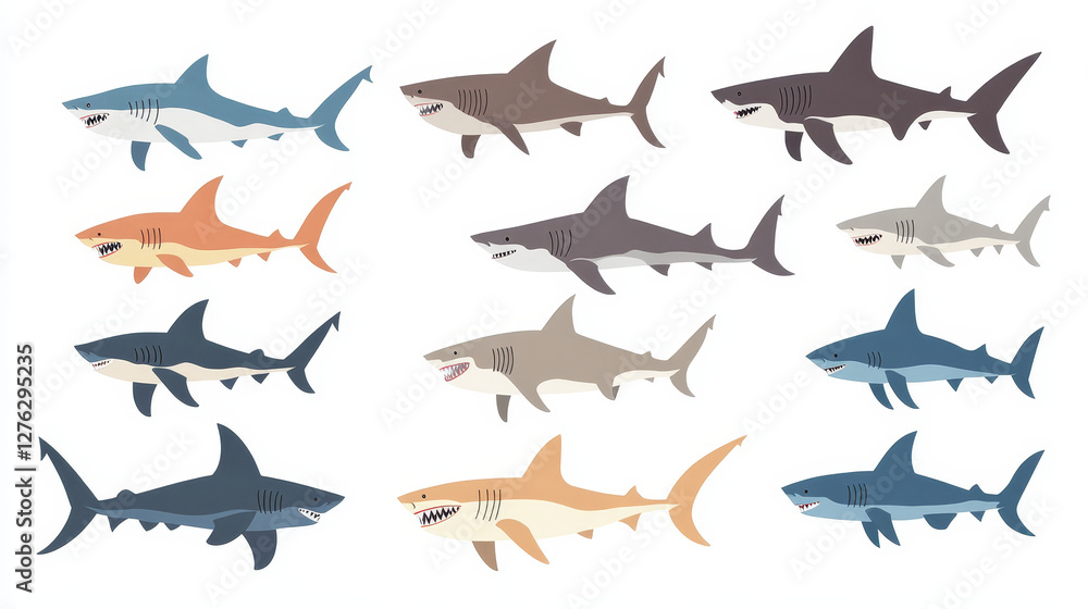 Shark vector fish set in flat style design. Different cartoon sharks icons isolated with sharp teeth mouth on white background. Shark vector fish set in flat style design. Different cartoon sharks icons isolated with sharp teeth mouth on white background.