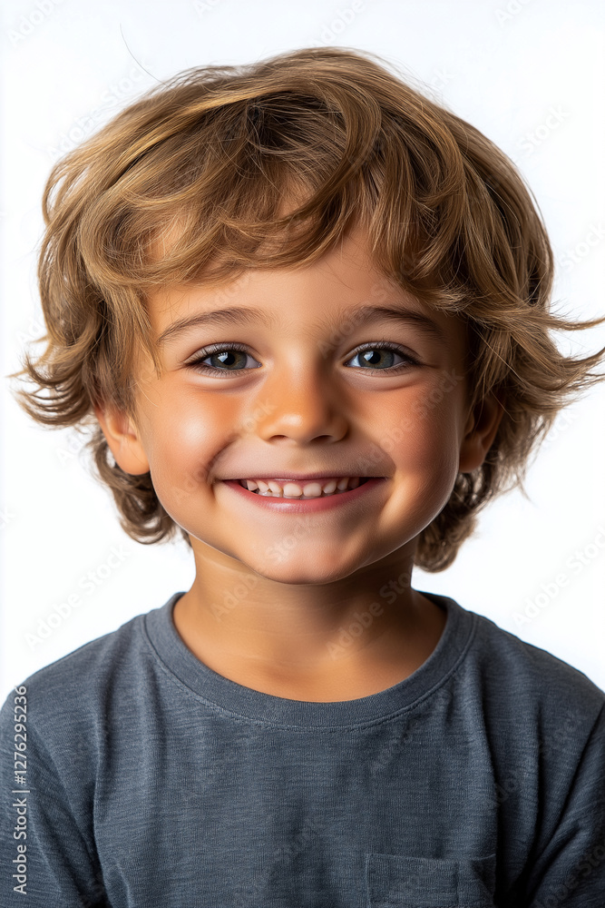 Portrait of a smiling boy with tousled blonde hair and a gray t-shirt against a white background. Portrait of a smiling boy with tousled blonde hair and a gray t-shirt against a white background.