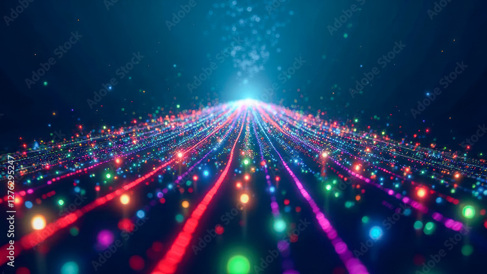 Fototapeta premium Colorful light trails in a digital abstract landscape with glowing particles moving toward a bright center point