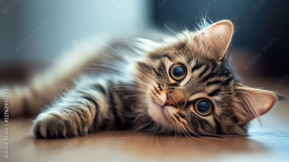 Naklejka premium Charming Feline Portrait Striking Eyes a Captivating Adorable Kitten Resting Peacefully on the Wooden Floor