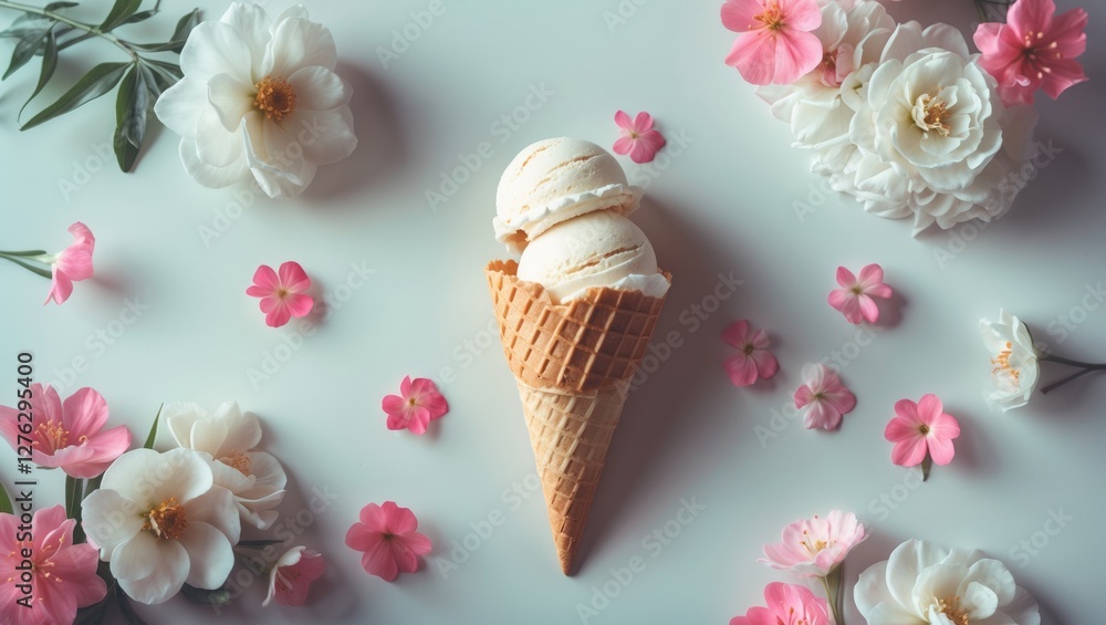Ice cream cone with two scoops surrounded by pink and white flowers on a light background