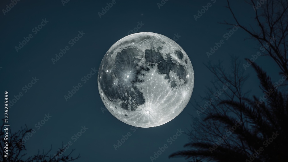 Naklejka premium Full moon illuminated in a night sky with silhouetted tree branches in the foreground and stars visible in the background.