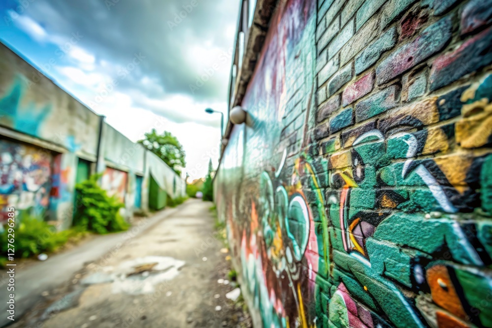 Fototapeta premium Macro Graffiti Alley Photography: Urban Art Details, Close-up Street Art Textures, Vivid Colors, Grunge Walls, Alleyway Photography