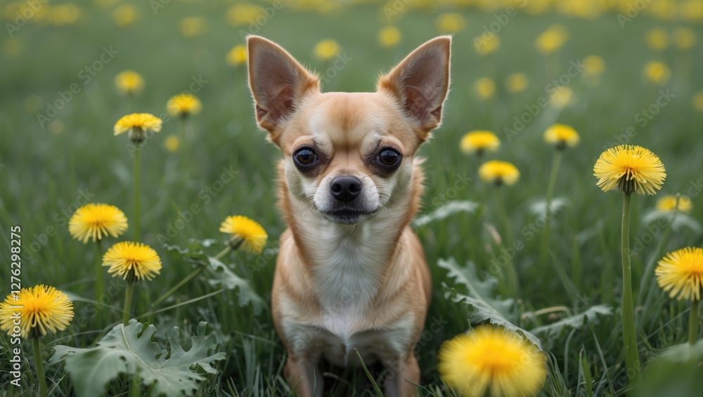 Chihuahua dog sitting in a field of dandelions with blurred yellow flowers and green grass in the background Chihuahua dog sitting in a field of dandelions with blurred yellow flowers and green grass in the background