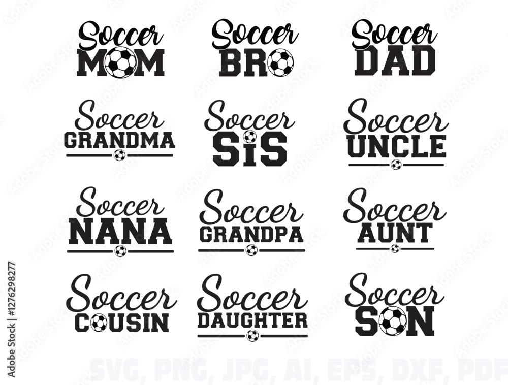 Fototapeta premium Soccer bundle EPS Vector, Game day EPS Vector, font alphabet letters EPS Vector, Coquette Bow EPS Vector, soccer family EPS Vector, soccer ball name EPS Vector, Soccer player EPS Vector