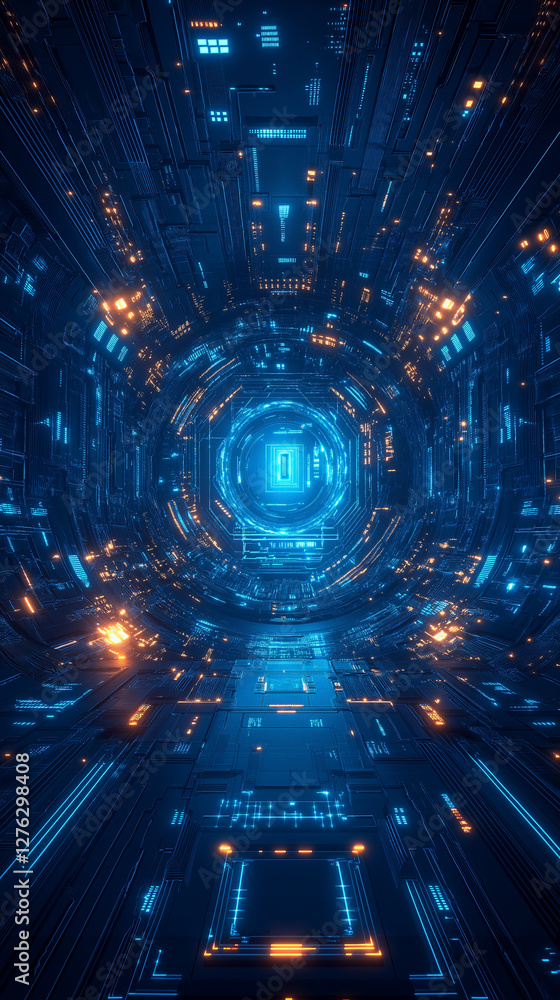 Abstract digital tunnel with glowing lights, creating a futuristic and technological feel. A digital conduit of circuit patterns. Abstract digital tunnel with glowing lights, creating a futuristic and technological feel. A digital conduit of circuit patterns.