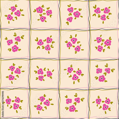 Preppy bouquet on checkered background. Coquette small flowers trellis seamless Gingham pattern