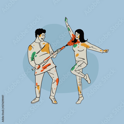 Indian couple celebrating Holi festival, hand-drawn style vector illustration, People playing with colors in Holi Indian festival. 