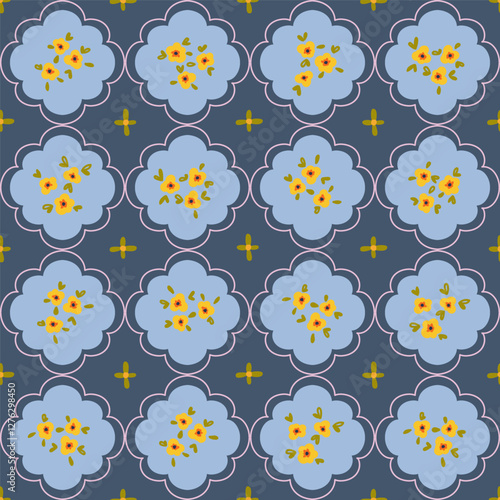 Preppy bouquet on damask background. Coquette small flowers trellis seamless pattern