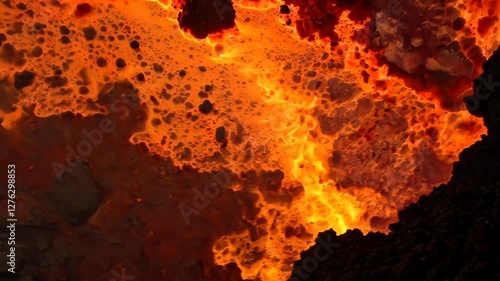Close-up shot of molten lava bubbling and flowing inside a volcanic crater. The intense heat and glowing orange textures contrast with the dark, hardened rock, creating a dramatic and powerful scene.