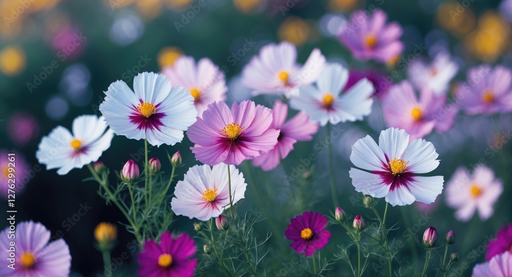 Colorful field of blooming cosmos flowers in various shades of pink and white with green foliage in a natural outdoor setting Colorful field of blooming cosmos flowers in various shades of pink and white with green foliage in a natural outdoor setting