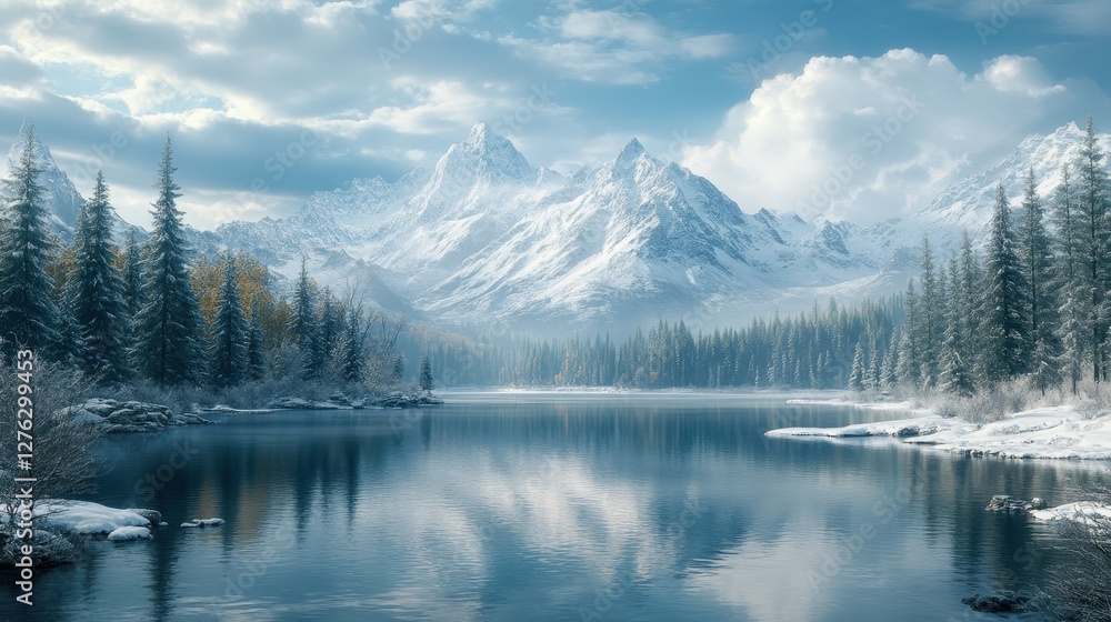 Majestic snowy mountains reflecting in calm lake surrounded by evergreen forest in winter wonderland Majestic snowy mountains reflecting in calm lake surrounded by evergreen forest in winter wonderland