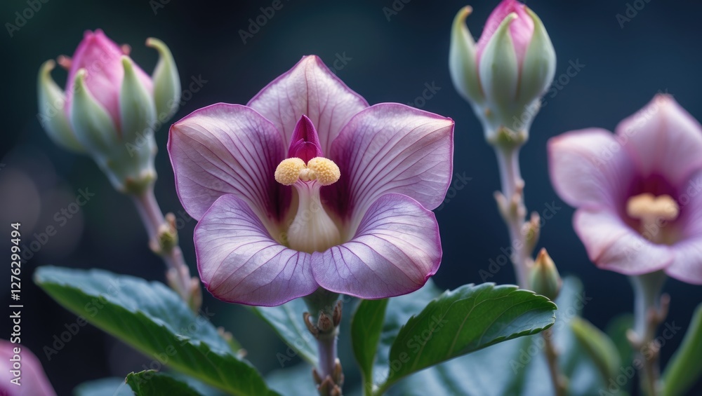 Obraz premium purple and pink flower with delicate petals and yellow stamen surrounded by green leaves and buds in a blurred background