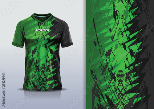T-shirt mockup abstract texture grunge texture sport jersey design for football, soccer, racing, esports, running, in green black color