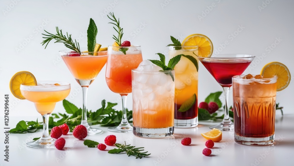 Fototapeta premium Colorful assortment of various cocktails with garnishes of mint, lemon, and raspberries on a light background