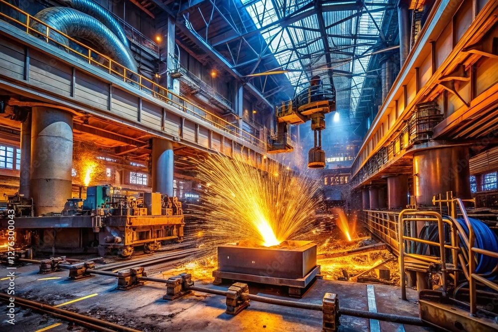 Panoramic View of Heavy Industry Metalworking with Sparks Panoramic View of Heavy Industry Metalworking with Sparks