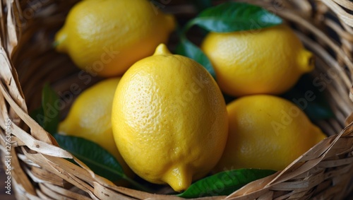 Fresh ripe lemons with green leaves arranged in a woven basket on a wooden surface