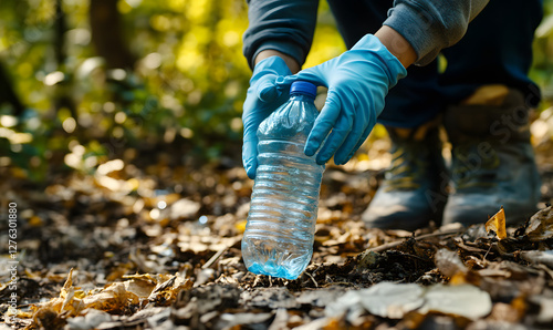 Hand close-up that is picking up plastic bottle from the ground, plastic bottle close-up, close-up, environmental protection, environment, low carbon, sustainable development, recycling, recycling photo