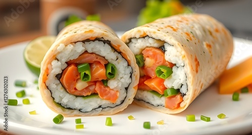 Tuna tortillia wrap with avocado and seasoning, restaurant and fast food menu food photo