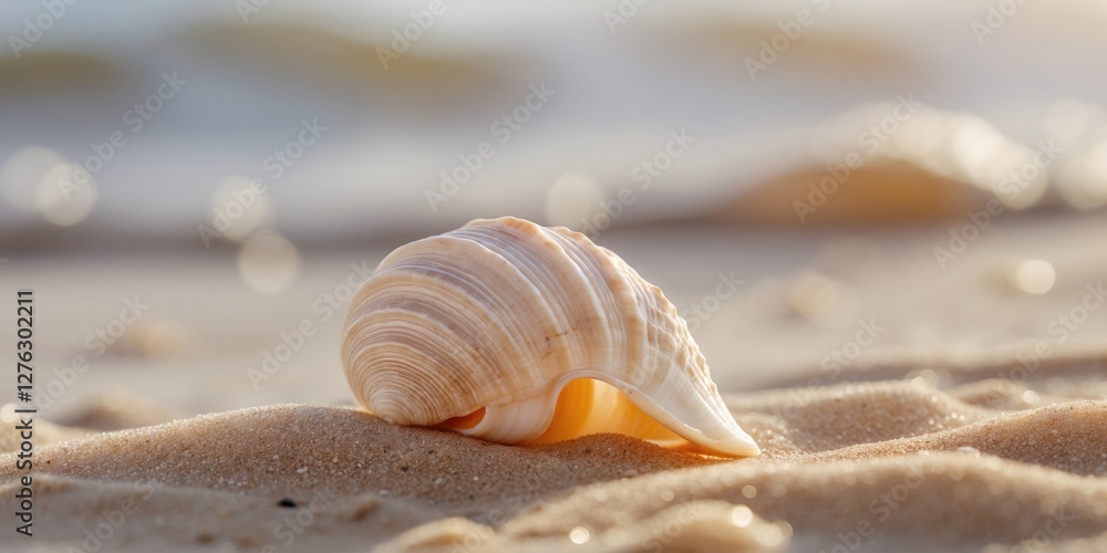 Close-up view of spiral seashell resting on sandy beach with soft-focus ocean background and natural sunlight illuminating shell. Close-up view of spiral seashell resting on sandy beach with soft-focus ocean background and natural sunlight illuminating shell.
