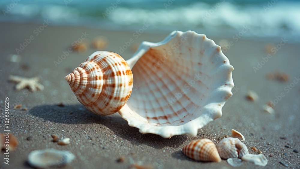 Close-up of various seashells on sandy beach with ocean waves blurred in background under natural sunlight Close-up of various seashells on sandy beach with ocean waves blurred in background under natural sunlight