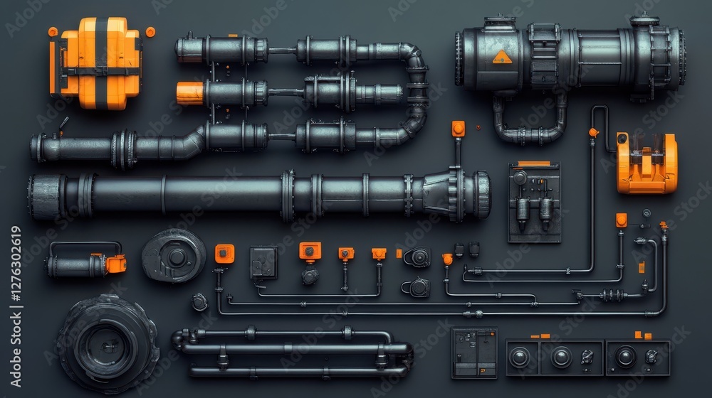 Industrial black and orange machinery parts arranged on dark background Industrial black and orange machinery parts arranged on dark background