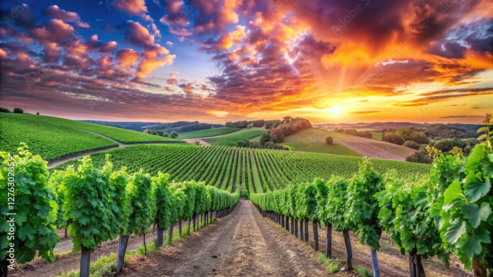 Naklejka premium Stunning Orange Sunset Vineyard Landscape Photography - Rule of Thirds Composition