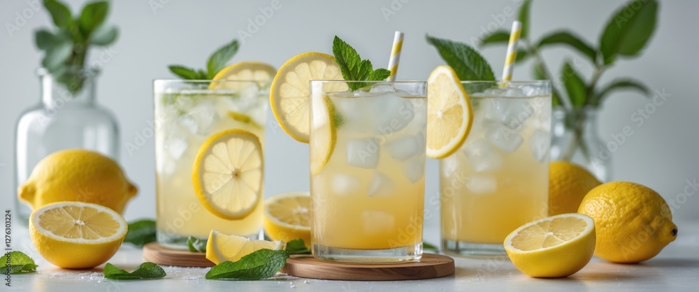 Refreshing lemonade drinks with ice and lemon slices garnished with mint leaves on a light background with whole lemons. Refreshing lemonade drinks with ice and lemon slices garnished with mint leaves on a light background with whole lemons.