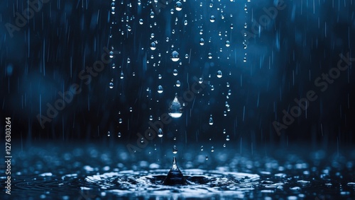 Close-up of raindrops falling in a dark blue atmosphere creating ripples on a water surface with a focus on a single droplet