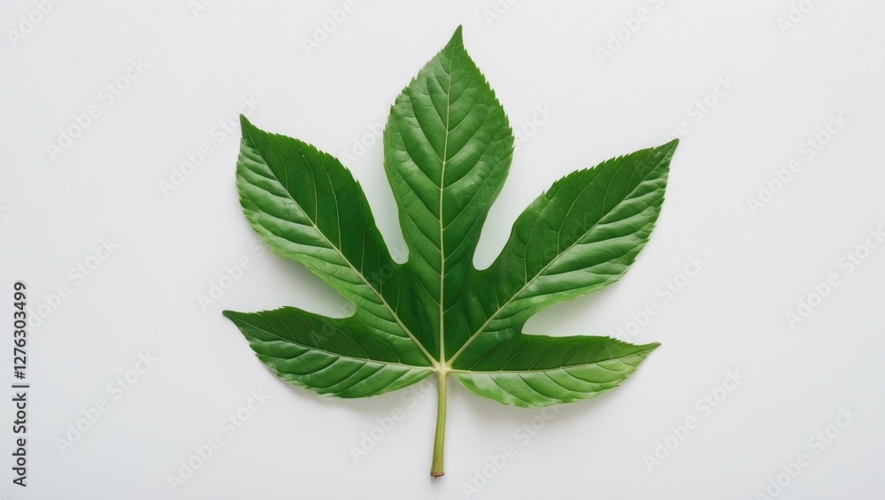 Large green leaf on white background displaying detailed leaf structure and vibrant color typical of healthy foliage. Large green leaf on white background displaying detailed leaf structure and vibrant color typical of healthy foliage.