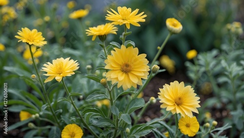 Vibrant yellow flowers in bloom with lush green leaves in a garden setting capturing the beauty of nature during springtime.