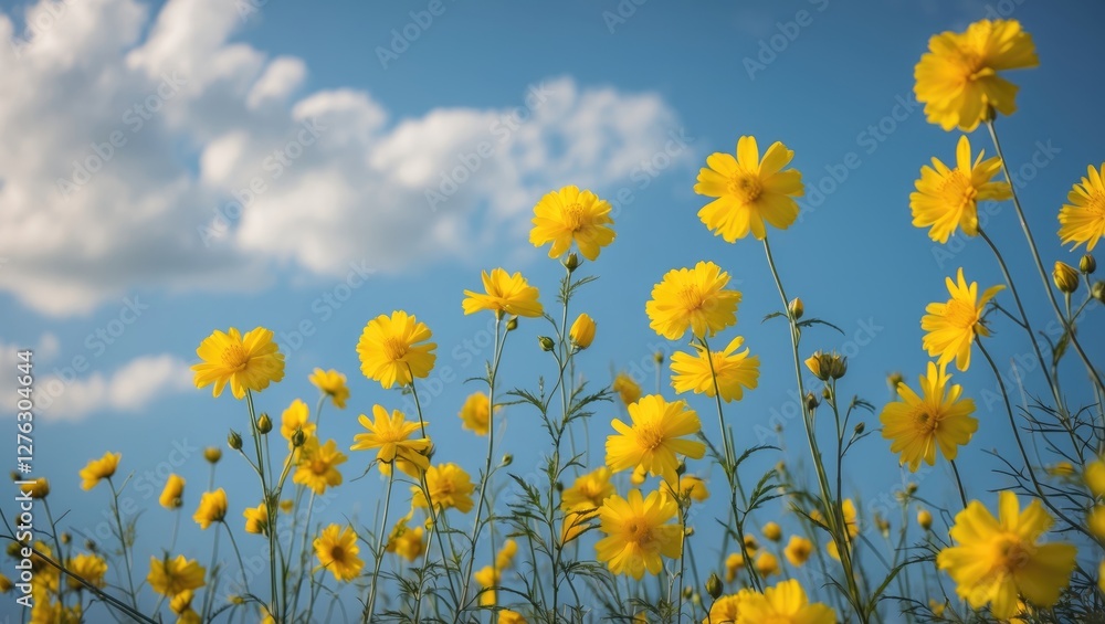 Yellow wildflowers in a field under a blue sky with fluffy clouds on a sunny day. Yellow wildflowers in a field under a blue sky with fluffy clouds on a sunny day.