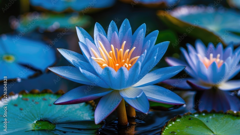 Blue water lily with vibrant petals and yellow center surrounded by green lily pads in a tranquil pond setting. Blue water lily with vibrant petals and yellow center surrounded by green lily pads in a tranquil pond setting.