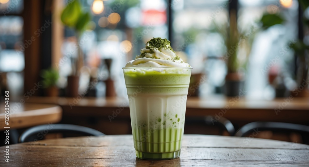 Iced matcha green tea beverage with creamy whipped topping in a cafe setting on wooden table Iced matcha green tea beverage with creamy whipped topping in a cafe setting on wooden table