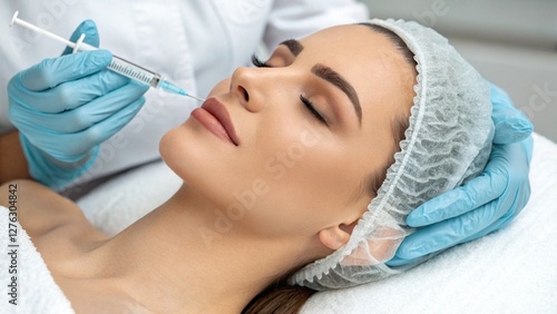 Doctors hands making an injection Lip Filler.Attractive young woman gets cosmetic injection.