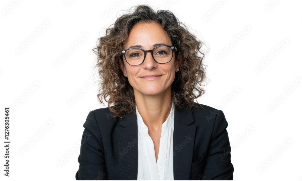 Professional woman with curly hair and glasses smiling confidently in a studio Professional woman with curly hair and glasses smiling confidently in a studio
