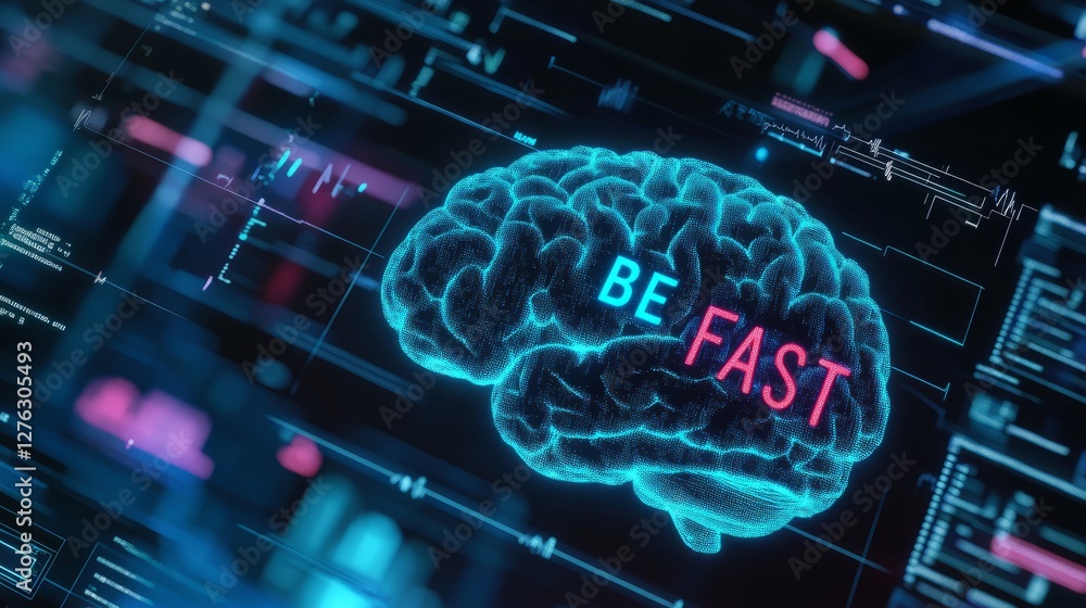 Obraz premium Glowing brain with BE FAST acronym, soft medical tools in background, illustrating stroke recognition and awareness.