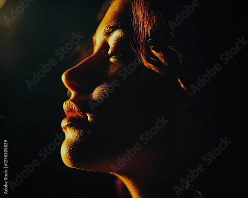 Close-up profile of a woman with soft lighting illuminating her face, emphasizing serenity, beauty, and calmness, symbolizing peaceful moments and inner reflection. photo