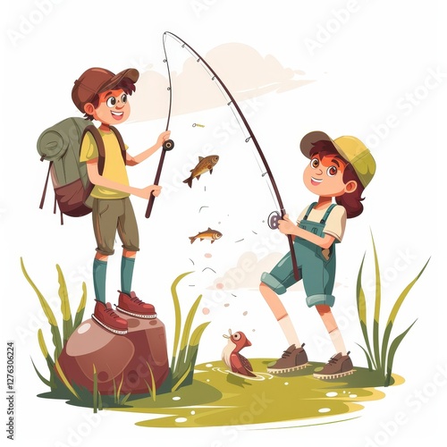 Two children are fishing in a river