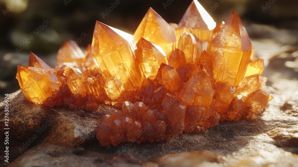 Vibrant orange crystals glowing on rocky surface in sunlight Vibrant orange crystals glowing on rocky surface in sunlight