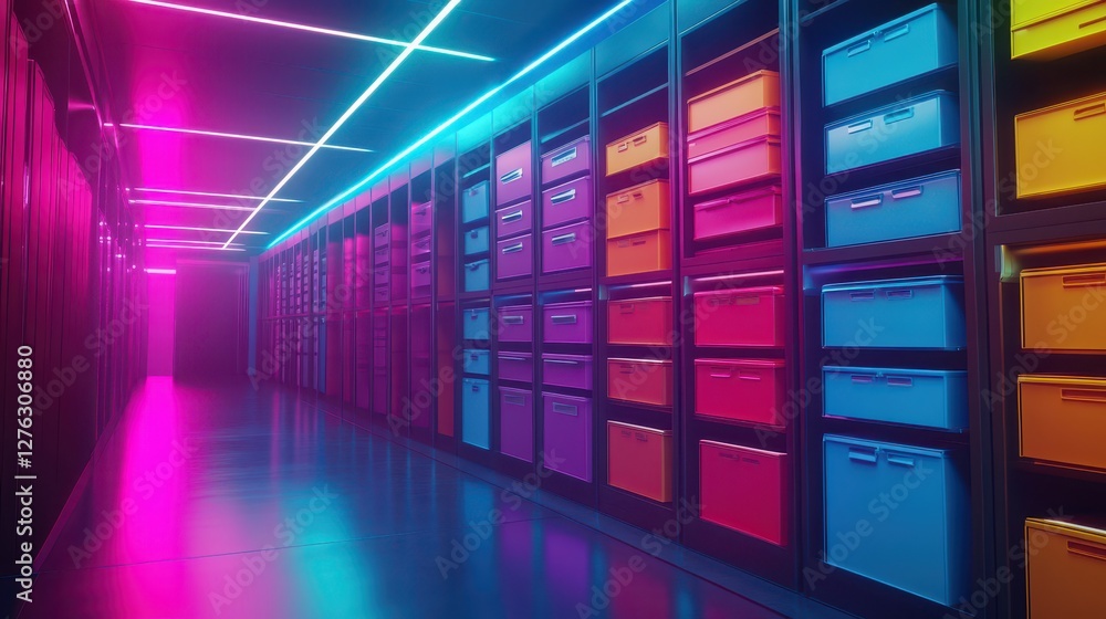 Futuristic Office Archive with Neon Lighting and Colorful Filing Cabinets Creating a Vibrant and Modern Workspace Environment Futuristic Office Archive with Neon Lighting and Colorful Filing Cabinets Creating a Vibrant and Modern Workspace Environment