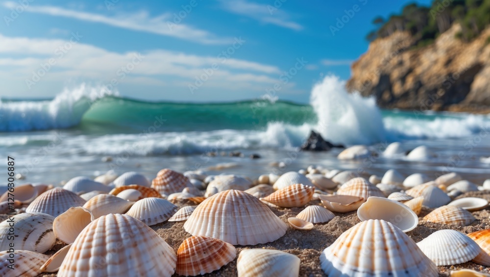 Beach scene with various seashells in foreground and gentle waves crashing in background under clear blue sky. Beach scene with various seashells in foreground and gentle waves crashing in background under clear blue sky.