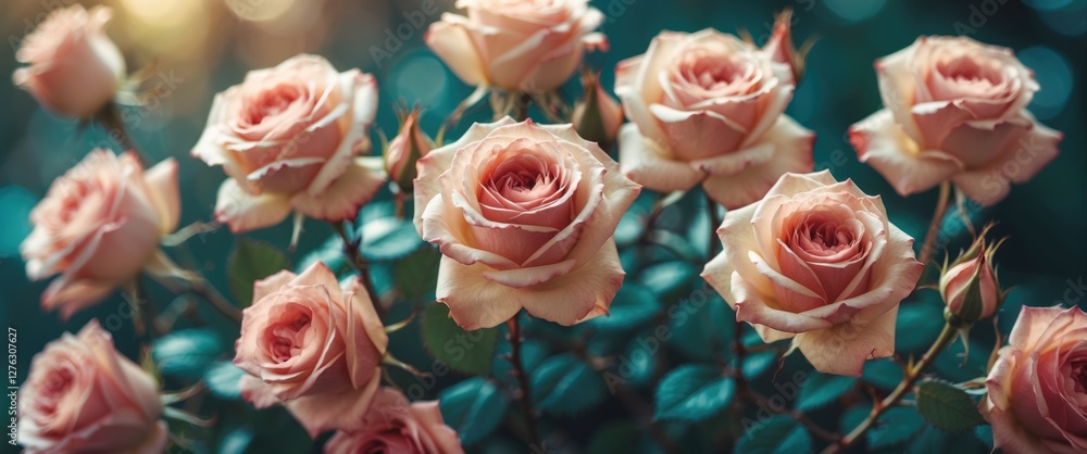 Pink roses in bloom surrounded by green leaves with soft background light creating a natural floral arrangement scene Pink roses in bloom surrounded by green leaves with soft background light creating a natural floral arrangement scene