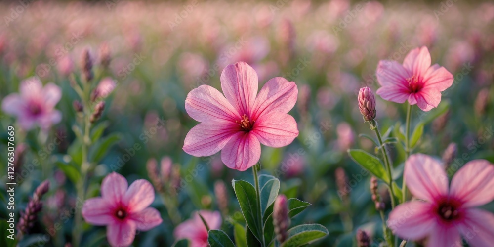 Pink flowers in a field with soft focus background showcasing multiple blooming petals and green foliage during daylight. Pink flowers in a field with soft focus background showcasing multiple blooming petals and green foliage during daylight.