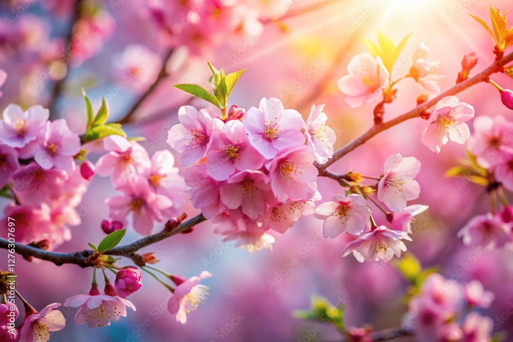 Pink Cherry Blossom Branches Blooming in Soft Morning Light - Spring Nature Background Pink Cherry Blossom Branches Blooming in Soft Morning Light - Spring Nature Background