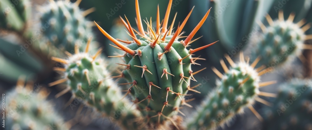 Obraz premium close-up of green cactus with long spines in a desert setting against blurred background of other cacti species